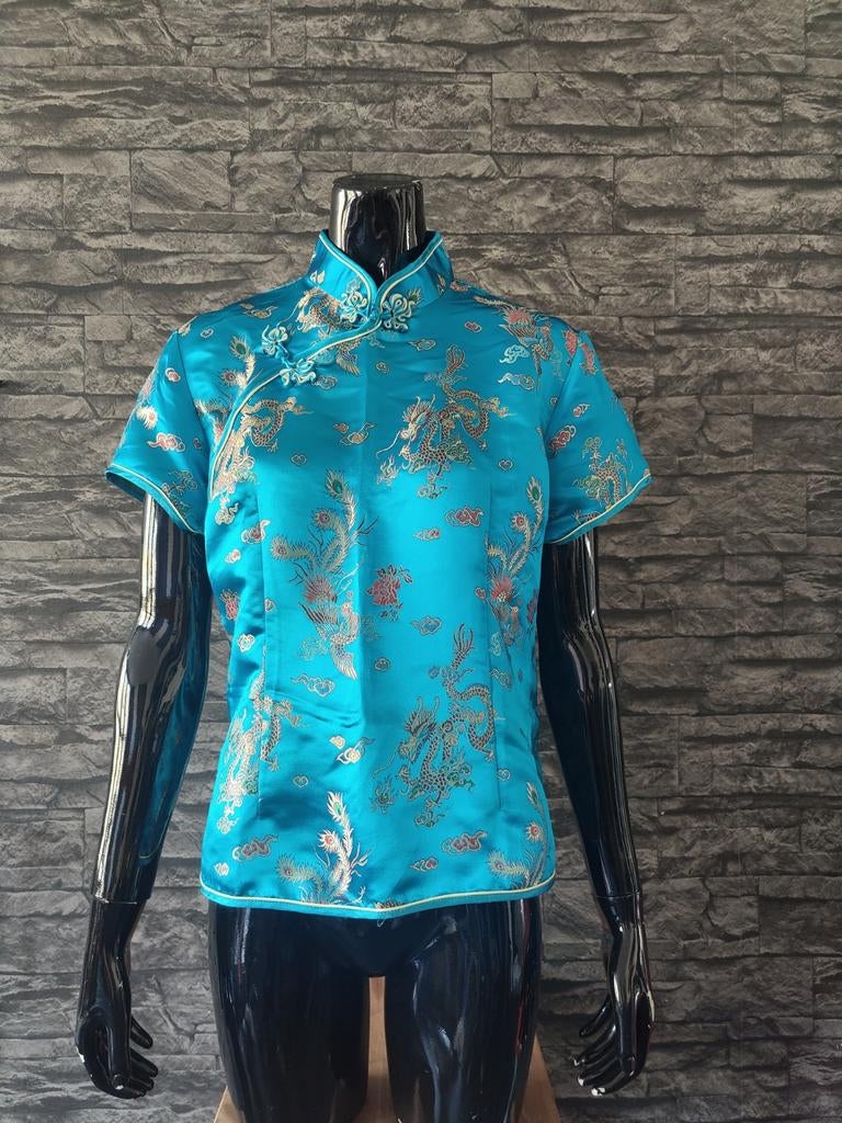 Turquoise Chinese top met drakenprint maat 42, Blauw, Maat 42/44 (L), Ophalen of Verzenden, Zo goed als nieuw