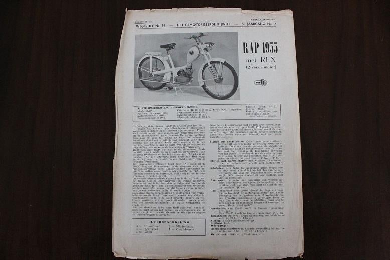 Rap met Rex 2 versnellingen motor 1955  roadtest, Fietsen en Brommers, Handleidingen en Instructieboekjes, Ophalen of Verzenden