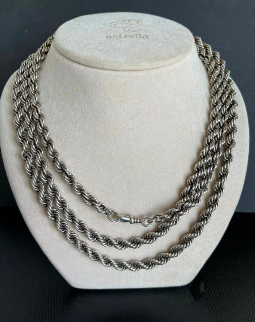 Hele lange dikke zilveren (800) koordketting, 147 cm, Ophalen of Verzenden, Zilver, Ketting