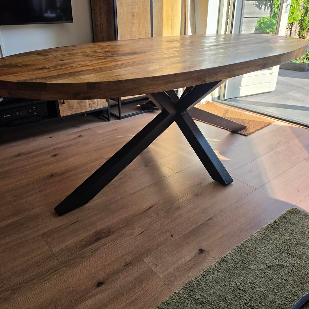 Mangohouten ovale eettafel 220 x 110 cm, Ophalen, 100 tot 150 cm, 200 cm of meer, Zo goed als nieuw