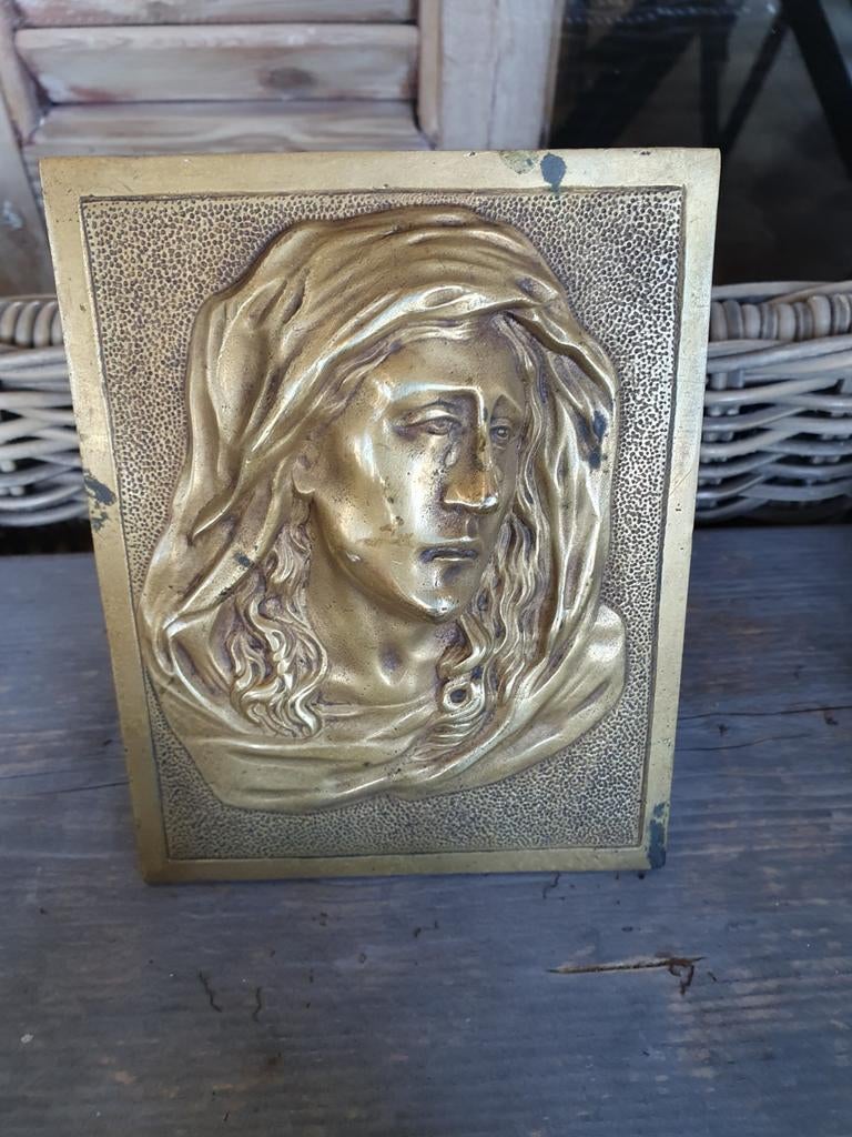 Antiek bronzen reliëf van Maria, religieuze kunst, Ophalen of Verzenden