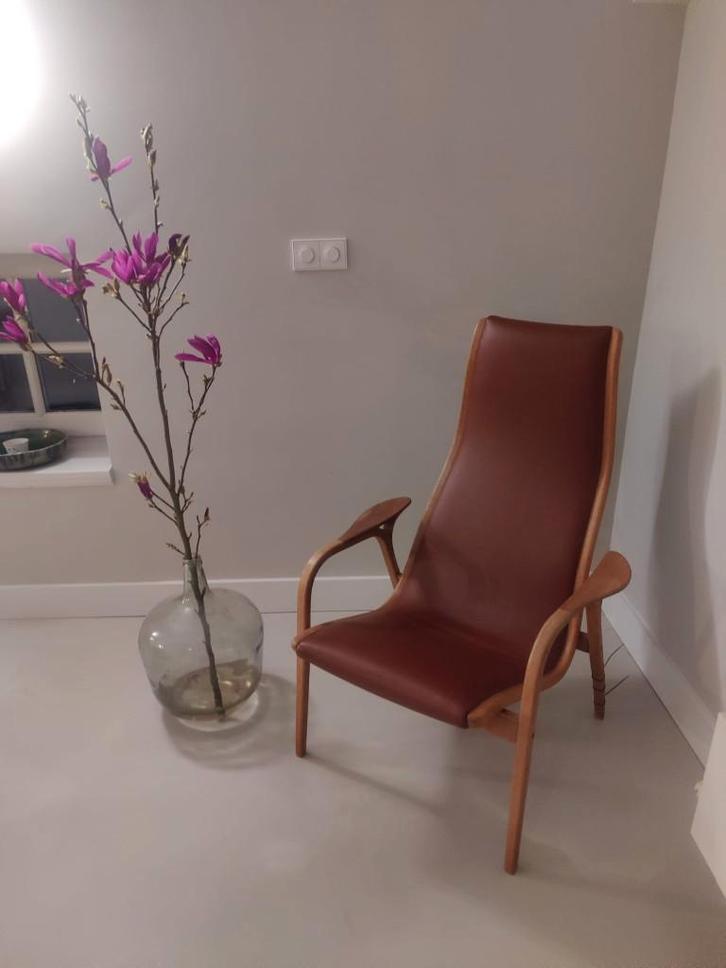 vintage Swedese Lamino stoel van Ingve Ekestrom, Huis en Inrichting, Fauteuils, Gebruikt, Hout, Leer, 50 tot 75 cm, 75 tot 100 cm