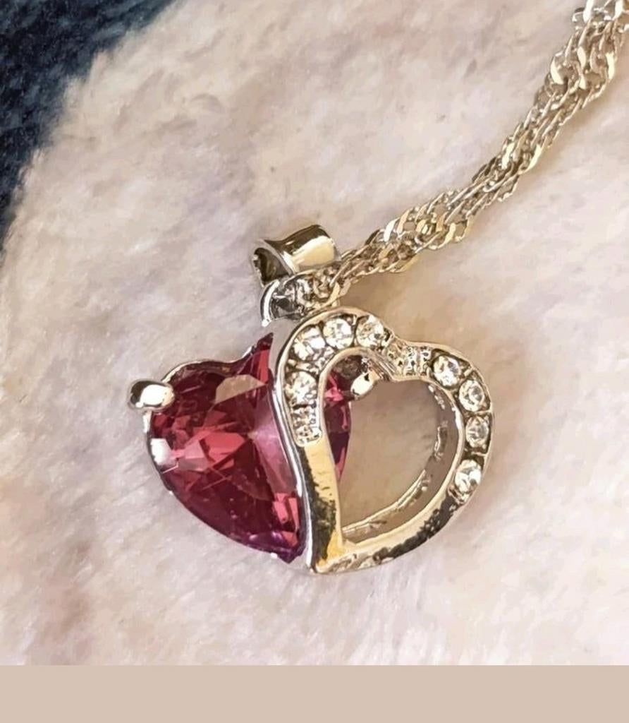 Ketting hart roze saffier, Verzenden, Nieuw, Zilver, Met hanger