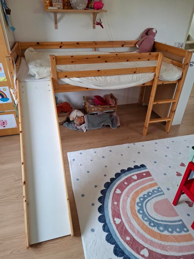 Houten hoogslaper met glijbaan, Ophalen, Eenpersoons, 90 cm, Hoogslaper