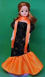 Vintage Barbie Sindy/Fleur Jurk/Avondjurk Zwart/Oranje Stola, Verzenden, Gebruikt, Kleertjes