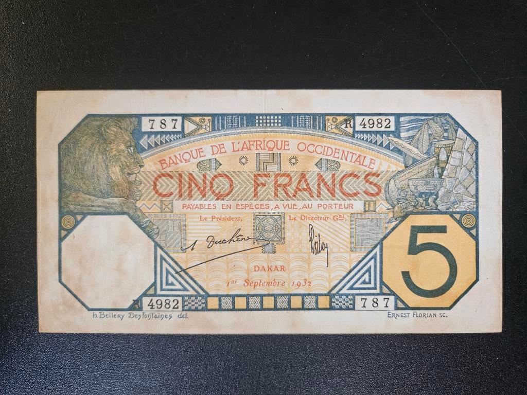 Frans West Afrika, Dakar (Senegal) pick 5Bf 1932, Postzegels en Munten, Bankbiljetten | Afrika, Ophalen of Verzenden, Overige landen