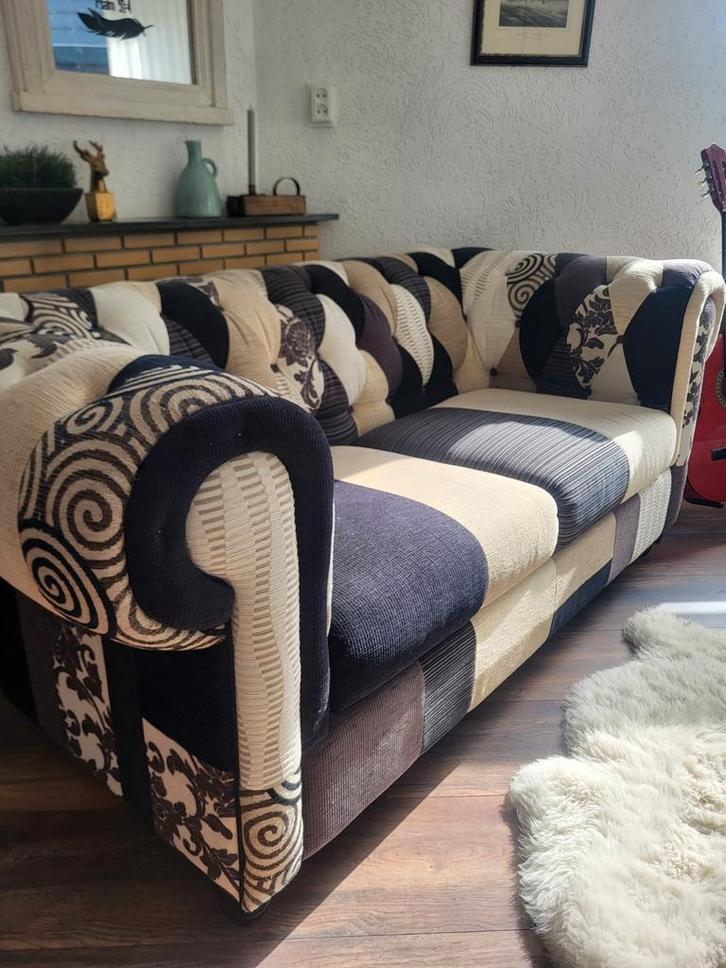 Unieke Patchwork Bank - Comfortabel en Stijlvol, Huis en Inrichting, Banken | Bankstellen, Zo goed als nieuw, Rechte bank, Driepersoons
