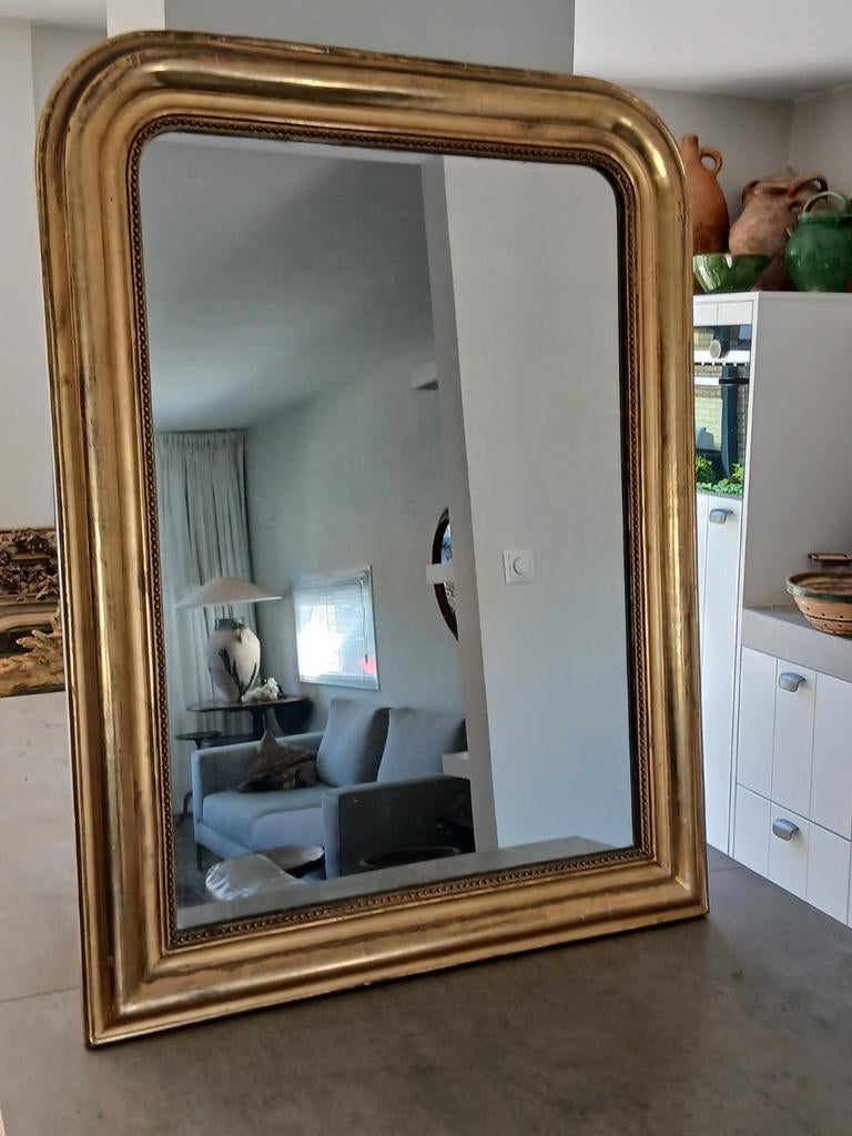 Stijlvolle Grote Antieke Franse Bladgouden Spiegel, Antiek en Kunst, Antiek | Spiegels, Ophalen, Rechthoekig, 50 tot 100 cm