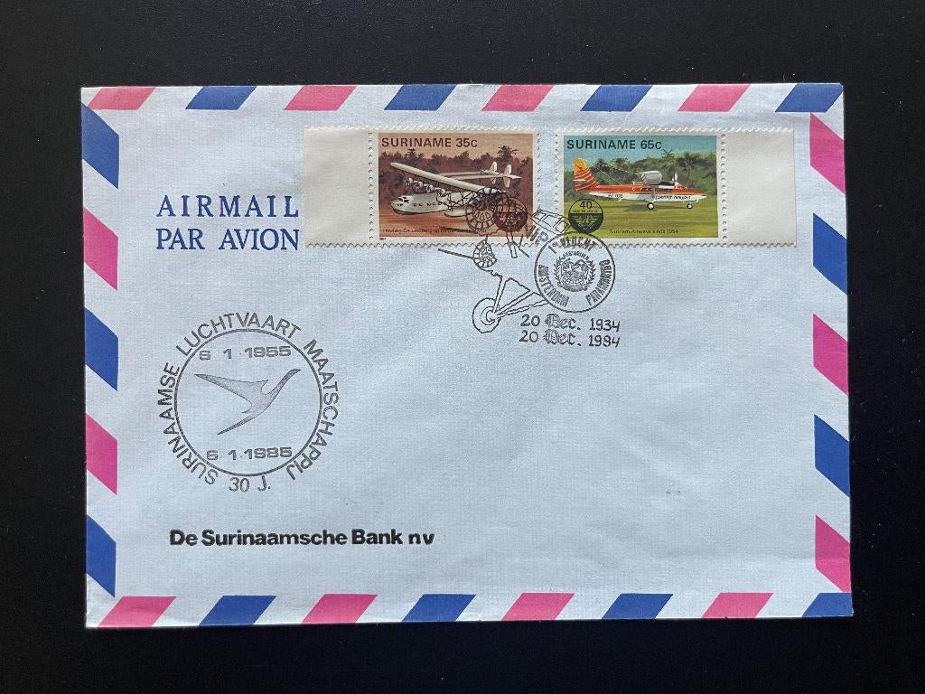Suriname Luchtvaart Envelop met open klep 1955/1985, Postzegels en Munten, Ophalen of Verzenden, Gestempeld