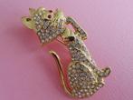 jwg Grote vintage 80s kat katten broche strass goud verguld, Verzenden, Overige materialen, Broche, Verguld