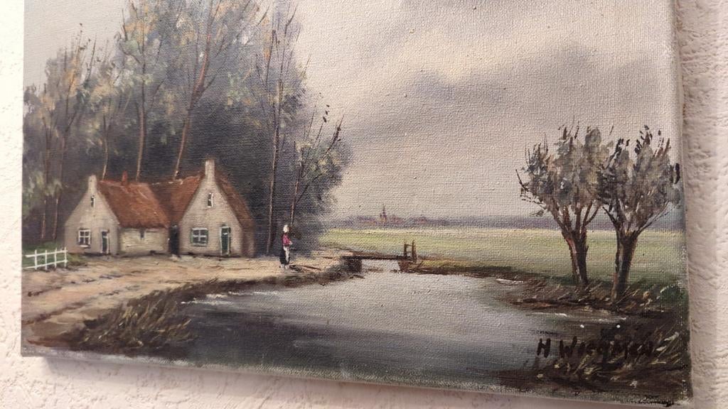Schilderij: Hollands Landschap met Boerderijen en Water, Antiek en Kunst, Kunst | Schilderijen | Klassiek, Ophalen of Verzenden
