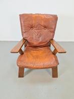 Vintage brutalistische fauteuil hout leer arm chair ´60, N, 75 tot 100 cm, N, 50 tot 75 cm