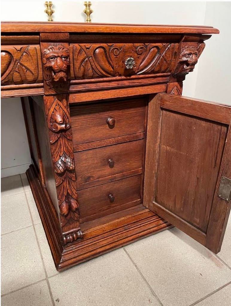 Oud Hollands eiken bureau met zwart inleg 160x85, Antiek en Kunst, Ophalen