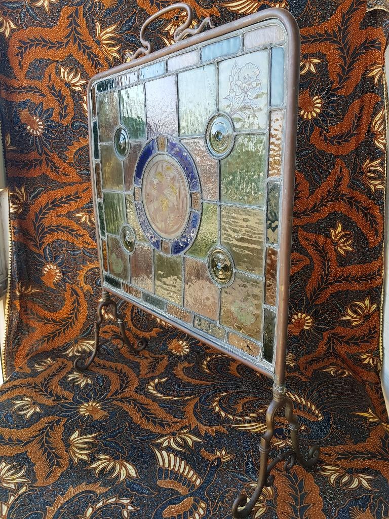 Mooi antiek Engels scherm van glas in lood en koper 72 cm., Antiek en Kunst, Ophalen