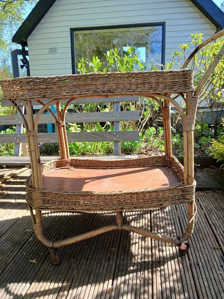 Vintage rieten thee karretje, Ophalen, Gebruikt, Hout, Keukentrolley