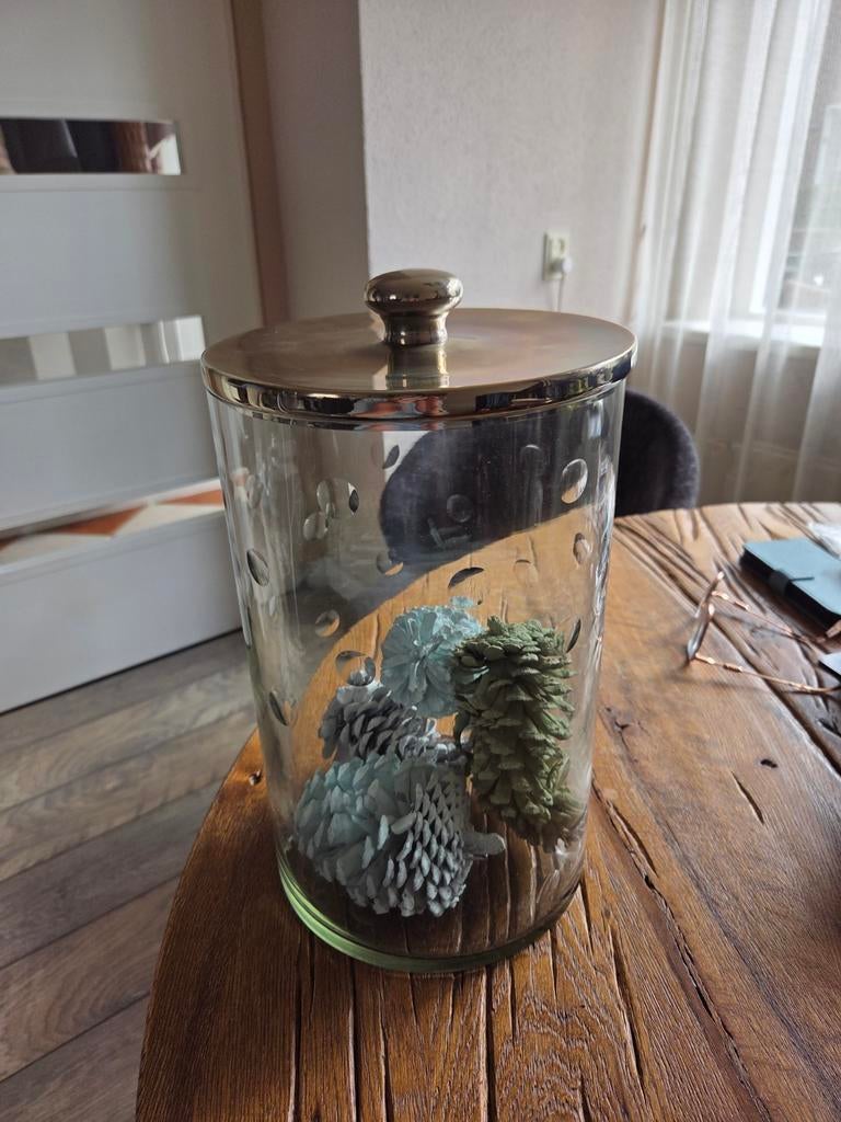 Voorraadpot van geblazen glas met messing deksel, Antiek en Kunst, Ophalen of Verzenden