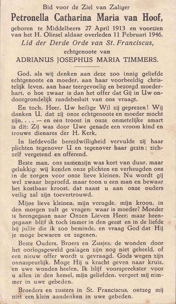 Hoof Petronella 1913 Middelbeers 1946, Ophalen of Verzenden, Bidprentje