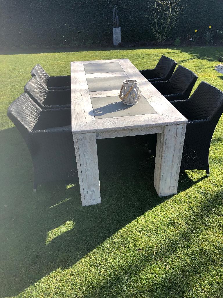 Robuste Tuintafel met 6 stoelen, Ophalen, Gebruikt, 6 zitplaatsen, Steigerhout