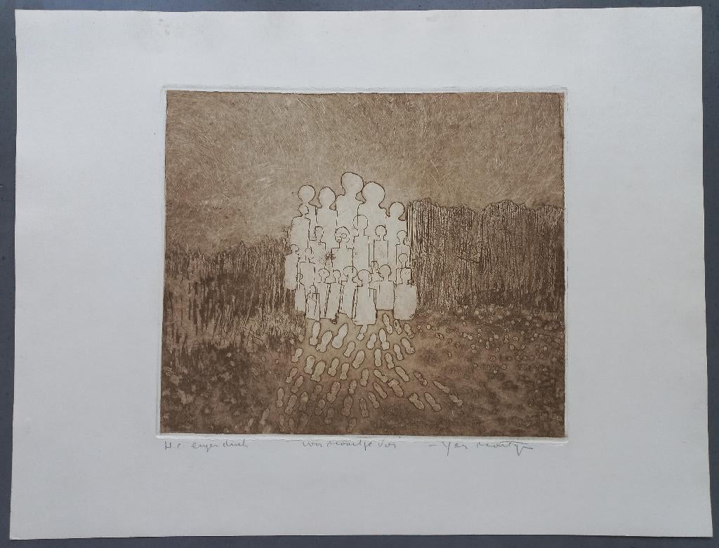 Jan Montyn – de Uittocht - gesigneerde ets, Verzenden, 49 cm, 64 cm, Ets