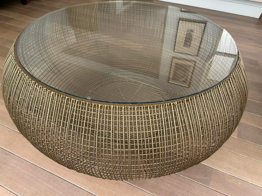 Design Salontafel - Goud/Koper met Glazen Blad (1m doorsnee), Ophalen, Gebruikt, Rond, 50 tot 100 cm