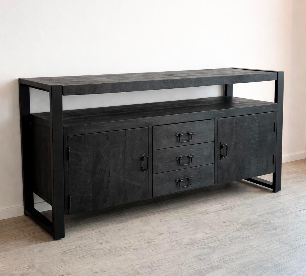 Zwart Dressoir Industrieel Vintage Retro Mangohout, Huis en Inrichting, Kasten | Dressoirs, Ophalen of Verzenden, Zo goed als nieuw