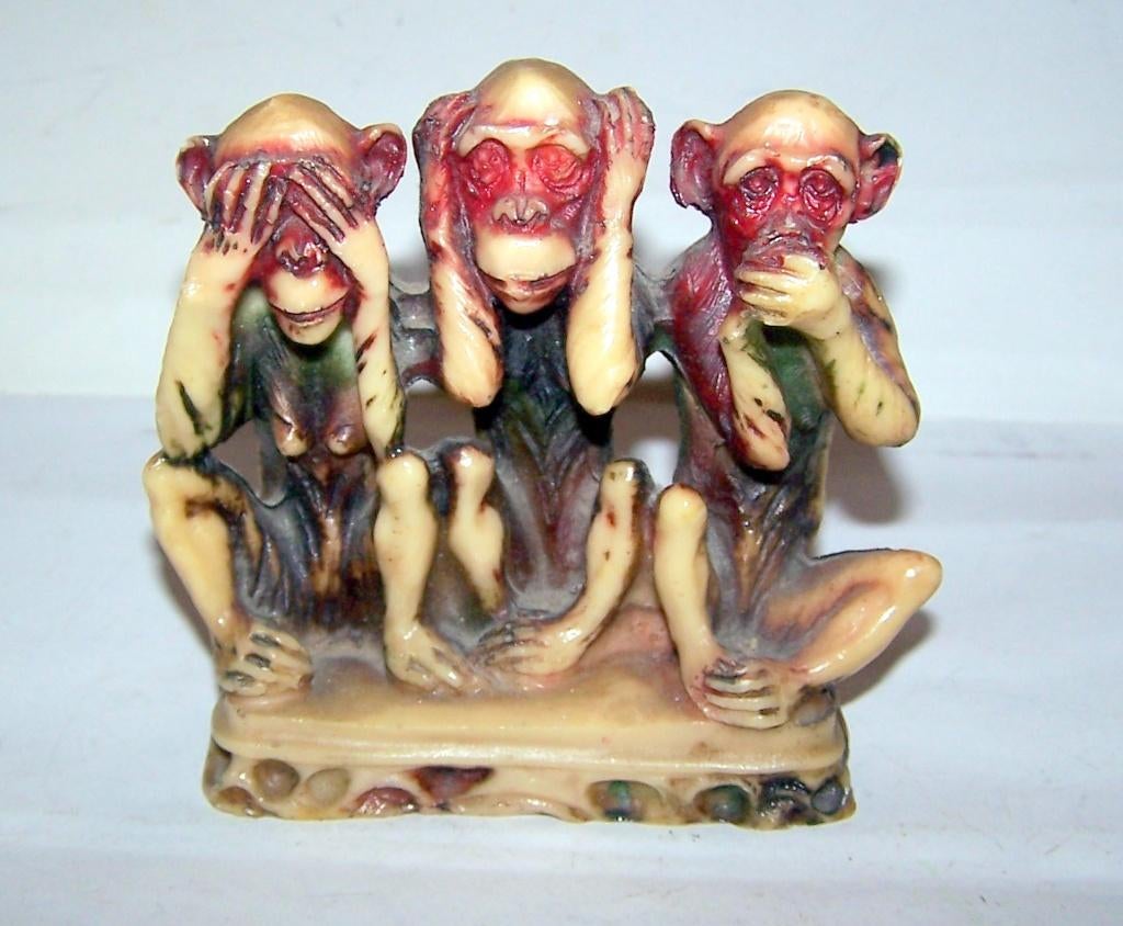 Prachtige beeldengroep Horen/Zien/Zwijgen (speksteen). Izgs., Verzamelen, Ophalen of Verzenden, Zo goed als nieuw, Dier