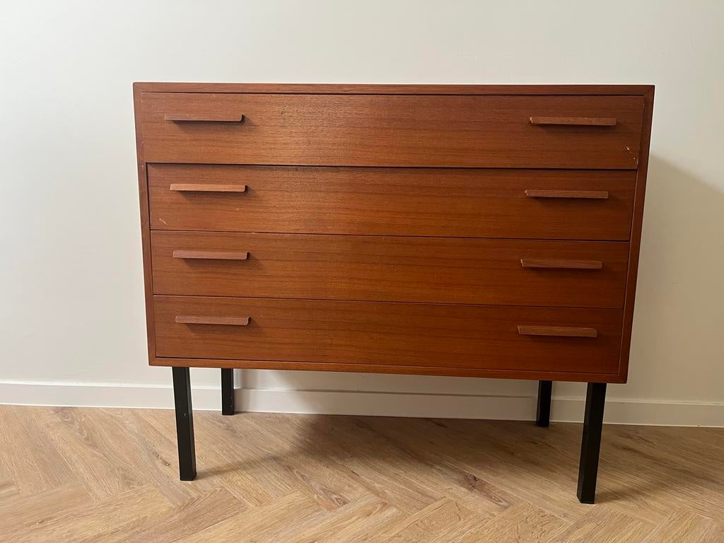 Vintage Deense ladekast / commode – teakhout, Ophalen, Gebruikt, Teakhout, 50 tot 100 cm