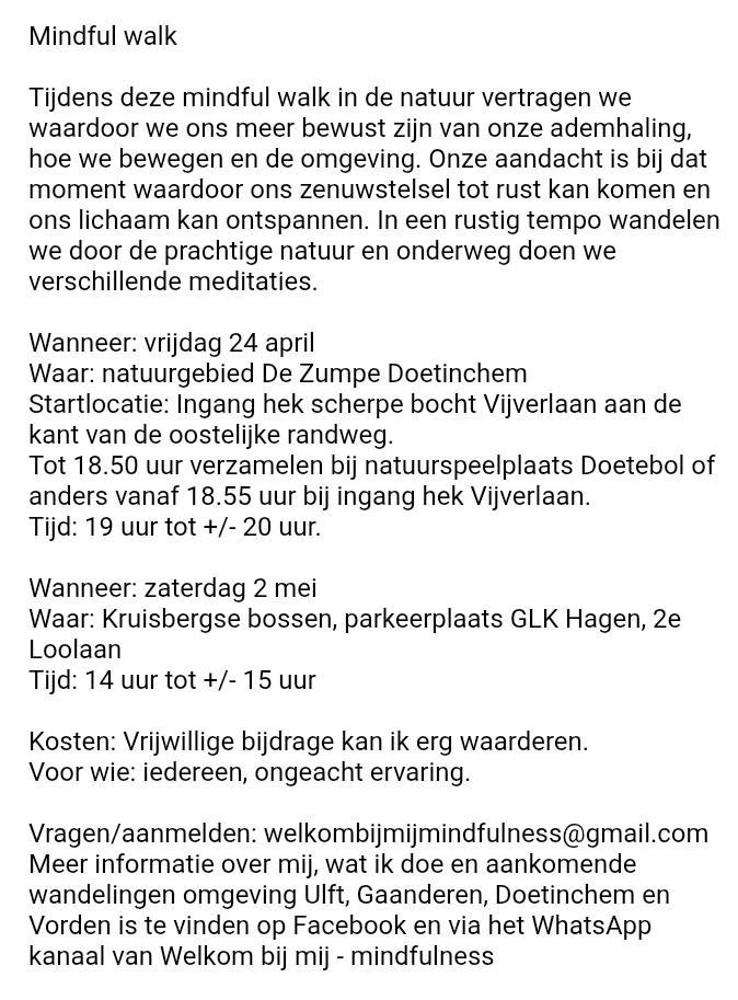 Mindful walk Doetinchem 24 april en 2 mei, Ophalen, Nieuw