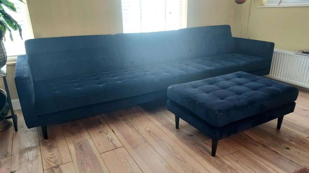 Blauwe velours bank - 290x90 cm - T.E.A.B., Ophalen, 250 tot 300 cm, Gebruikt, 75 tot 100 cm