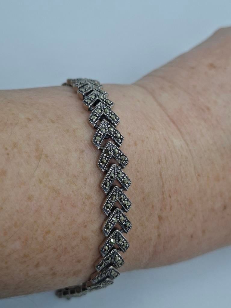 Prachtige zilveren art deco armband met markasiet (925), Ophalen of Verzenden, Zo goed als nieuw, Met edelsteen, Zilver