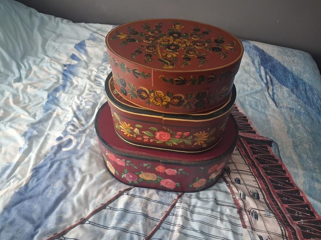 Set van 3 beschilderde spanen dozen, Antiek en Kunst, Ophalen of Verzenden