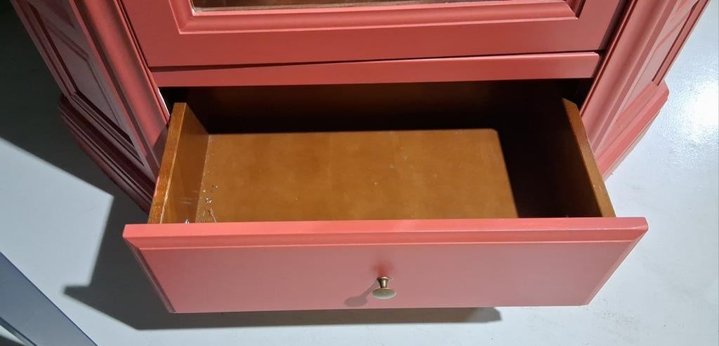 Houten Vitrinekast met Glazen Planken, Spiegel en Lade, Ophalen, Met plank(en), Gebruikt, Glas