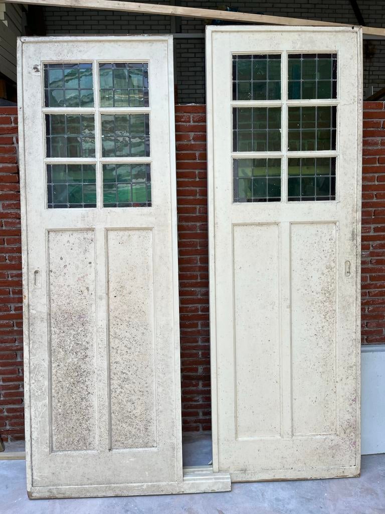 Set van twee authentieke suitedeuren met glas-in-lood, Gebruikt, 80 tot 100 cm, 215 cm of meer, Binnendeur
