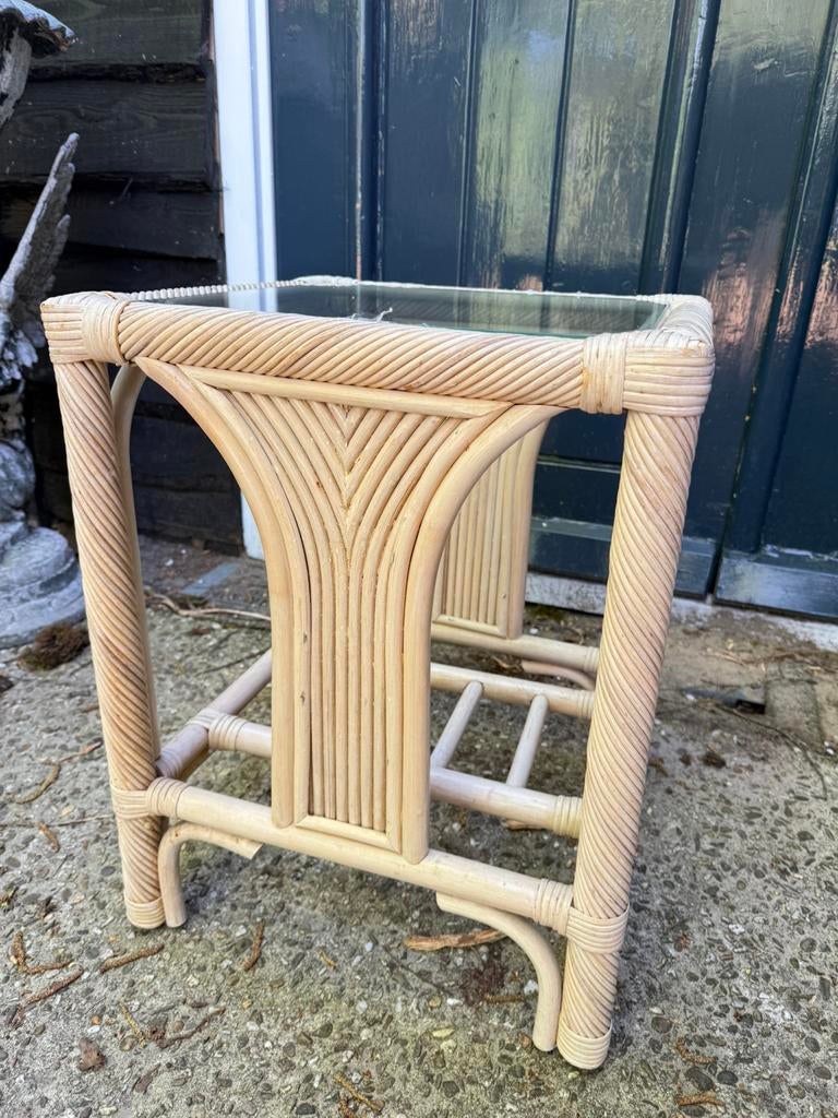 Vintage Pencil Reed Rotan Tafeltje – Jaren 70 -, Huis en Inrichting, Tafels | Bijzettafels, Minder dan 55 cm, Gebruikt, Vierkant