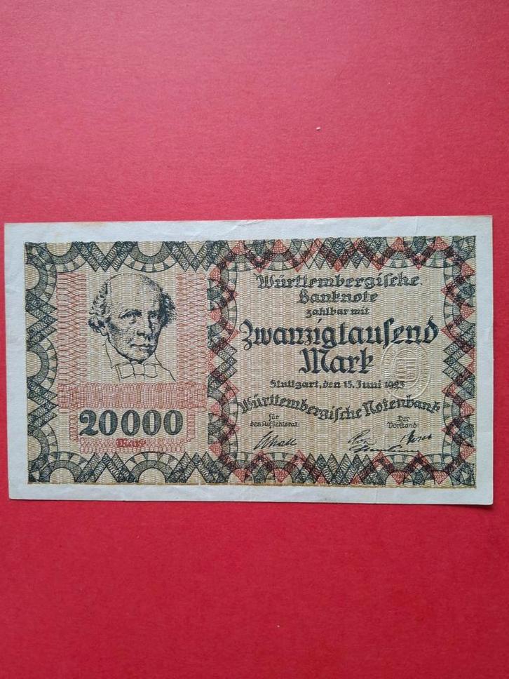 20.000 Mark Württembergische Notenbank Duitsland 1923, Postzegels en Munten, Bankbiljetten | Europa | Niet-Eurobiljetten, Duitsland