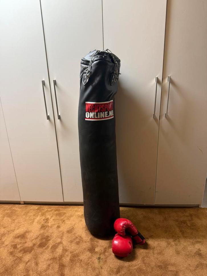 Bokszak 150CM + wartel + bokshandschoenen - leer, Sport en Fitness, Vechtsporten en Zelfverdediging, Zo goed als nieuw, Overige