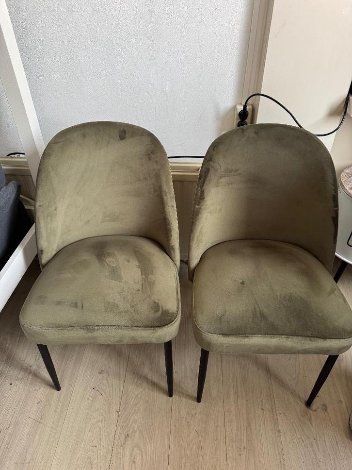 2 groene eethoekstoelen, Huis en Inrichting, Stoelen, Gebruikt, Twee, Overige kleuren, Ophalen