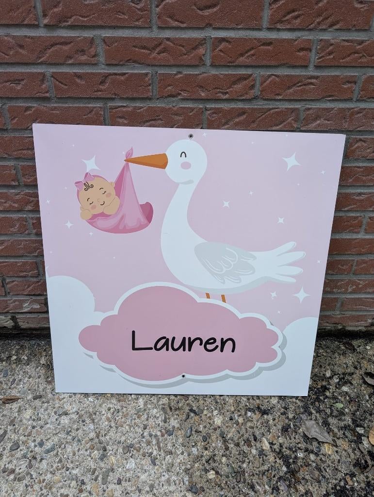Geboortebord Ooievaar Roze, Meisje, Kinderen en Baby's, Kraamcadeaus en Geboorteborden, Ophalen, Zo goed als nieuw, Geboortebord