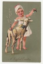 Pasen.  Meisje en lammetje.  Reliëfkaart., Verzenden, Voor 1920, Gelopen, Overige thema's
