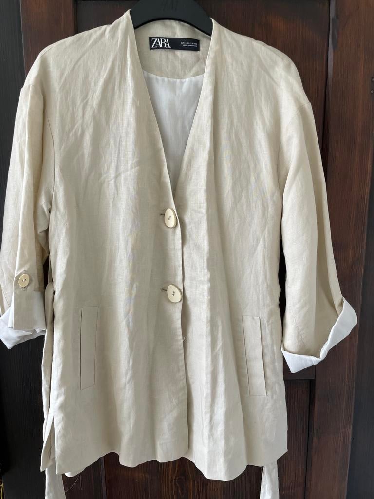 Lichtbeige linnen met katoen colbert jasje van zara maat S, Beige, Ophalen of Verzenden, Zo goed als nieuw, Jasje
