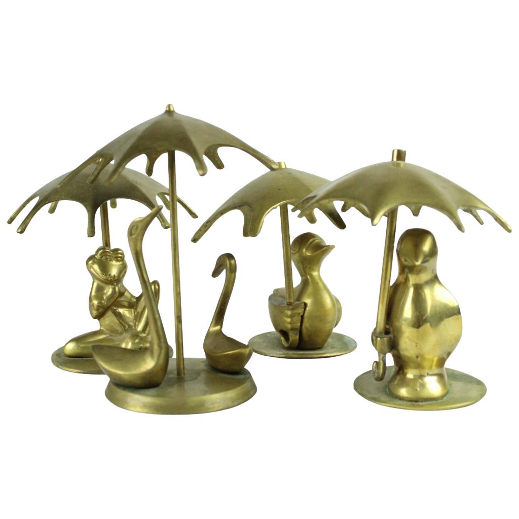 Set messing dier beeldjes met parasol – ca. 1960–1980, Antiek en Kunst, Antiek | Woonaccessoires, Ophalen of Verzenden