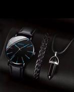Heren set – horloge (Geneva) + armband + ketting, Overige merken, Overige materialen, Leer, Polshorloge