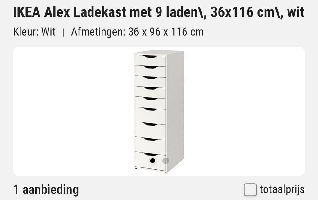 IKEA Alex ladekast met 9 lades, wit, Ophalen, Overige materialen, Minder dan 50 cm, Gebruikt