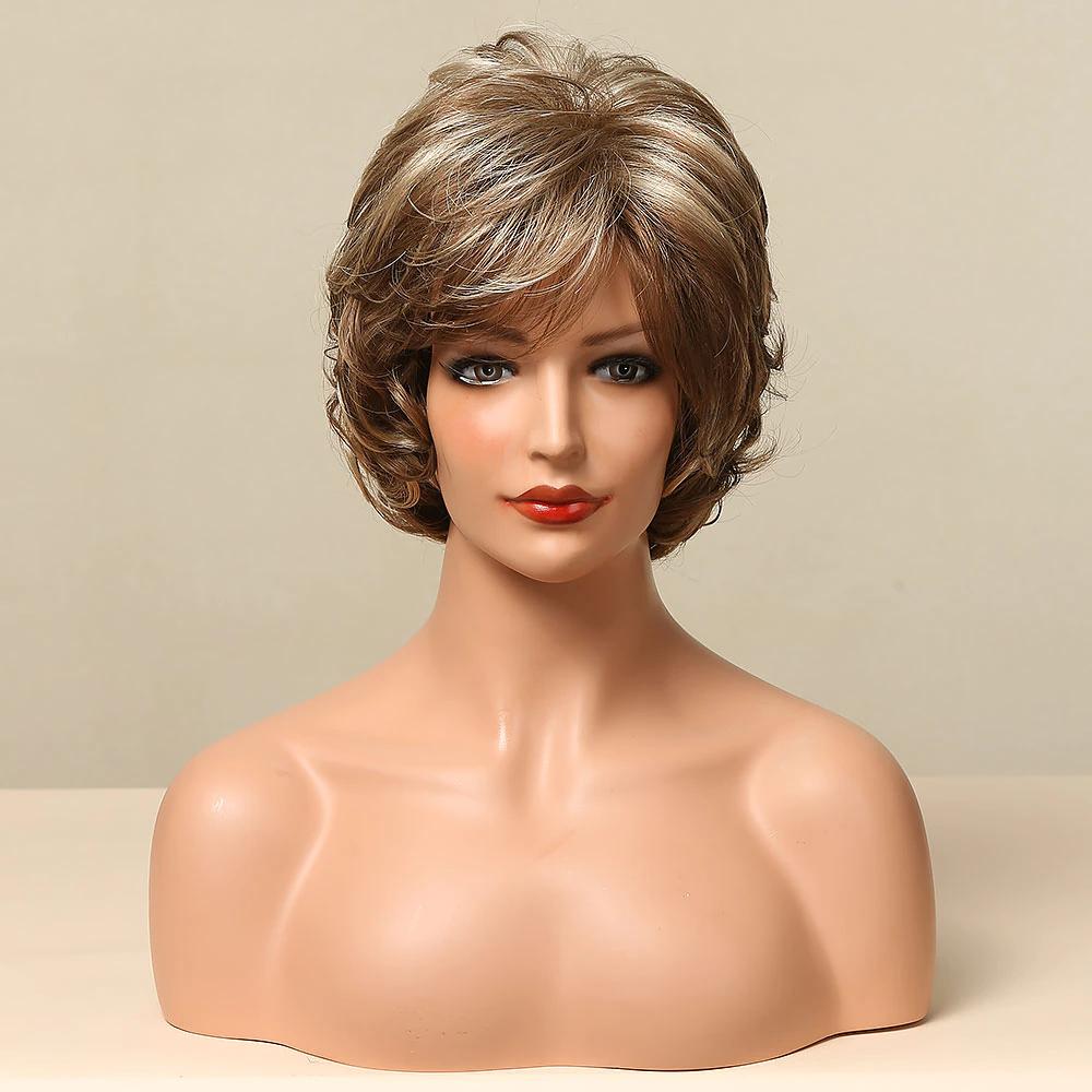 Korte Blonde Bruine Pruik Met Bob Krullen Haren Haar Dames, Verzenden, Nieuw, Pruik of Haarverlenging