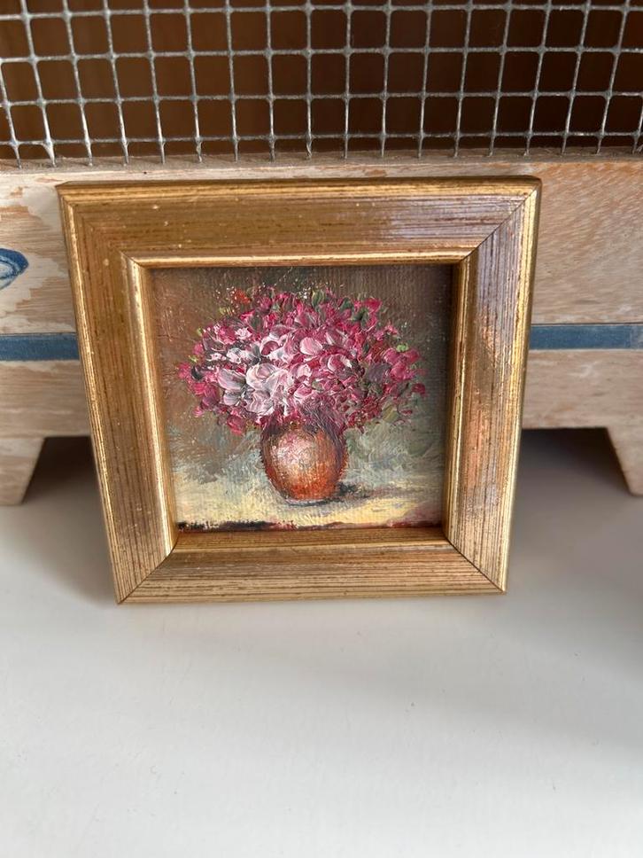 oud miniatuur vintage Schilderij roze bloemen vaas, Antiek en Kunst, Kunst | Schilderijen | Klassiek, Ophalen of Verzenden