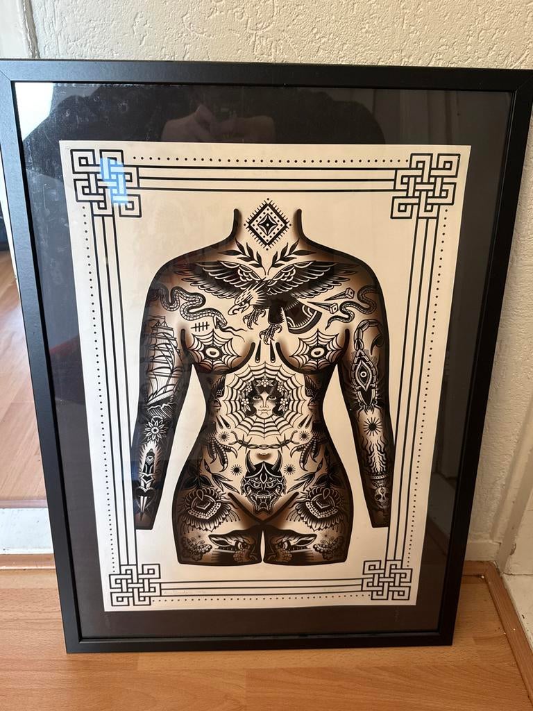 Tattoo kunst prints in lijst 60x40, Antiek en Kunst, Ophalen