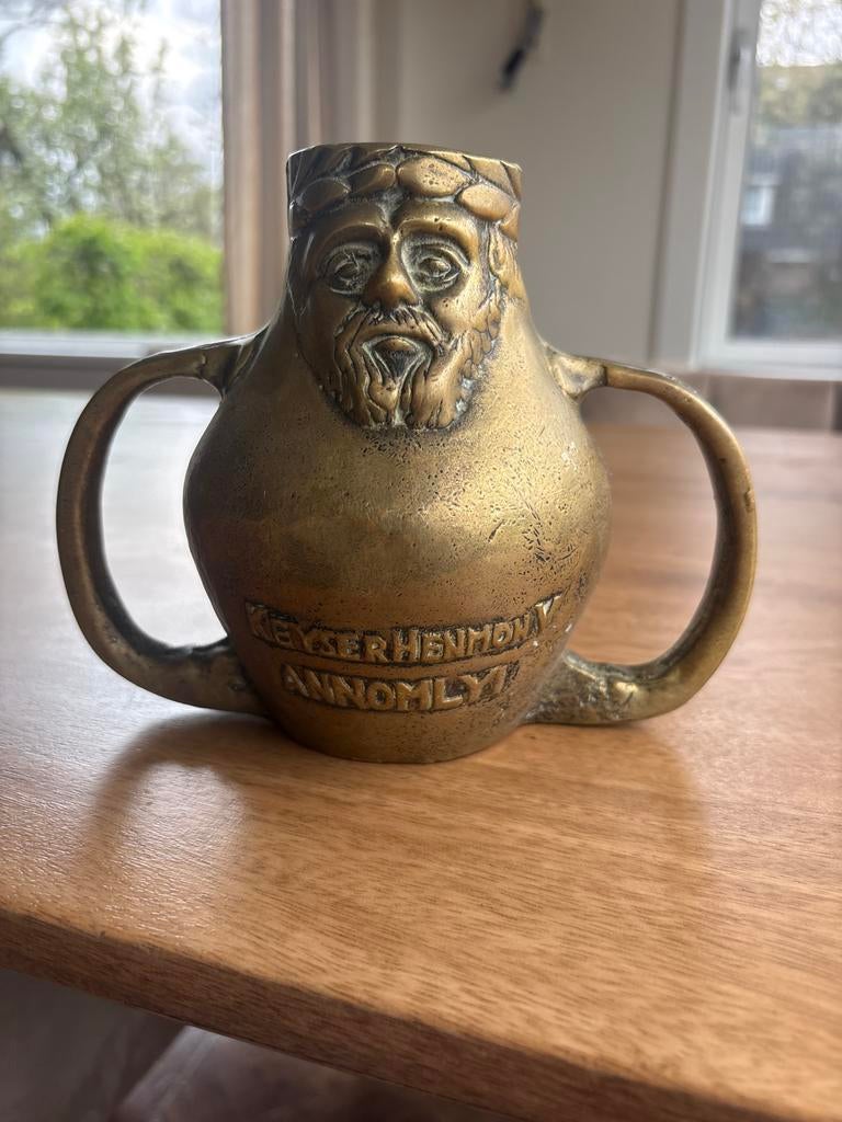 Zware Bronzen Beker met Baardman en Handvatten, Antiek en Kunst, Ophalen of Verzenden, Brons