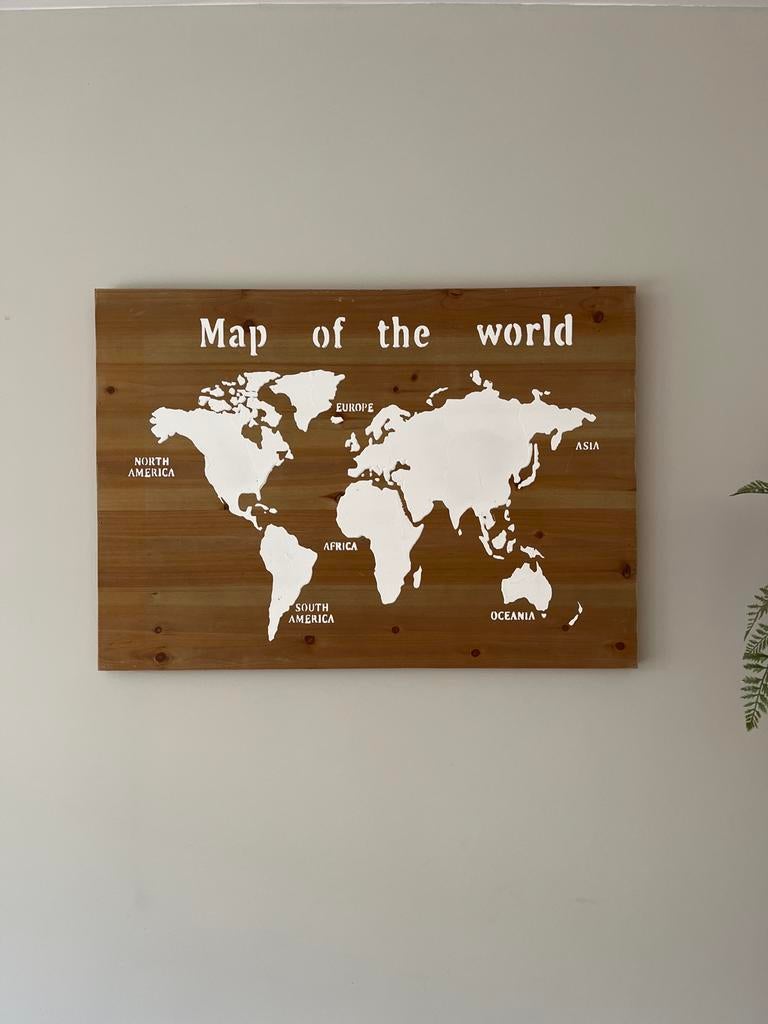Houten wereldkaart muurdecoratie - 78x55cm", Huis en Inrichting, Woonaccessoires | Wanddecoraties, Ophalen, Hout, Zo goed als nieuw