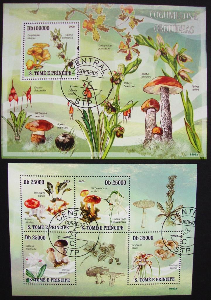 - 795 - 2 Blokken met Paddenstoelen + Orchideeën., Verzenden, Gestempeld, Dier of Natuur