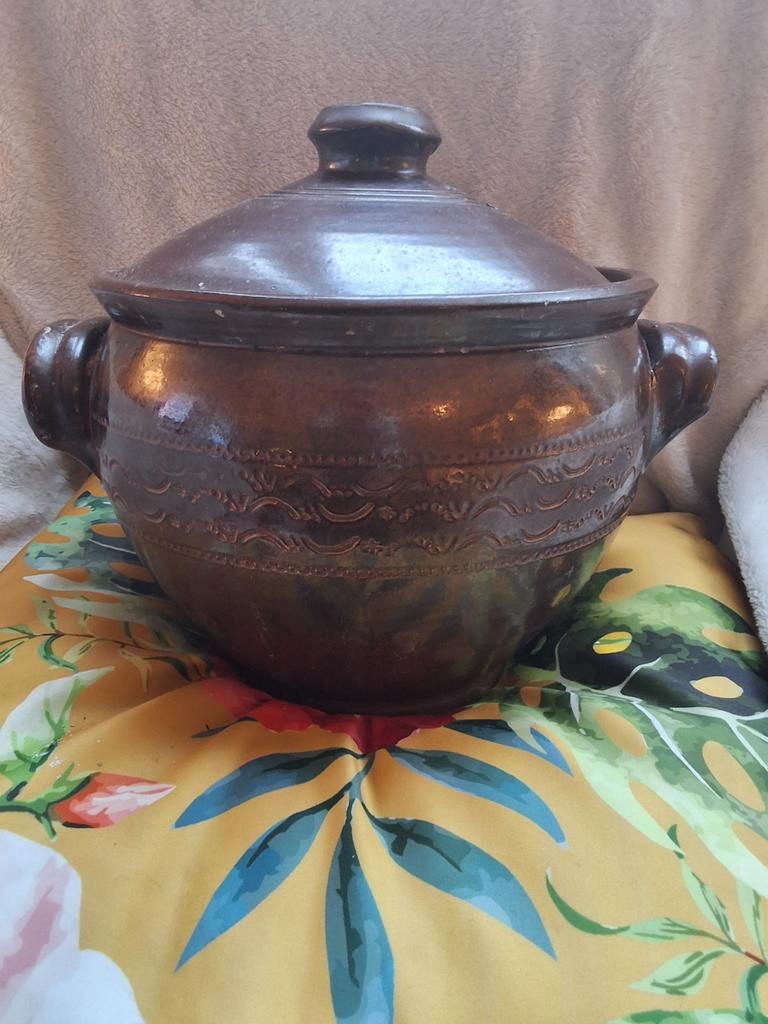 Vintage Aardewerken Stoofpot met Deksel - Bruin frankrijk, Antiek en Kunst, Ophalen of Verzenden